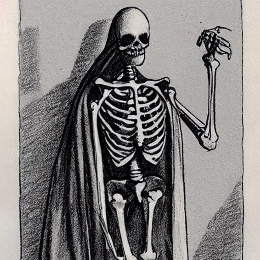 Prompt: a vintage drawing of a skeleton in a cloak made of shadows of the dead