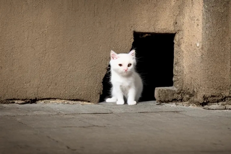 Prompt: a sad kitten in the corner of a dark alley
