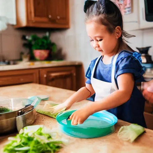 Image similar to small girl making spring rolls in the kitchen and mom is helping