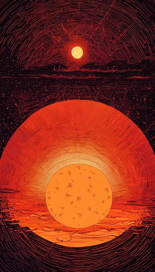 Prompt: harvest copper moon floating on cosmic maelstrom sky at sunset, futurism, dan mumford, victo ngai, kilian eng, da vinci, josan gonzalez