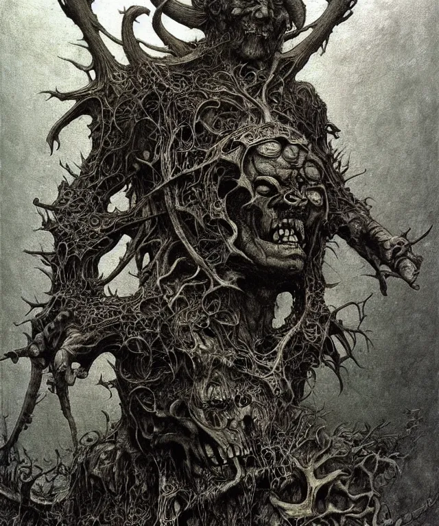 Image similar to A large horned man with gas-chainsaws instead of hands. Extremely high detailed, fine details, realistic, solo, fantasy art, masterpiece, art by Zdzisław Beksiński, Arthur Rackham, Dariusz Zawadzki