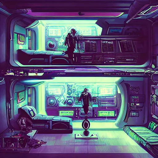 Image similar to “A cyberpunk bunk within a spaceship, D&D sci-fi, artstation, concept art, highly detailed illustration.”