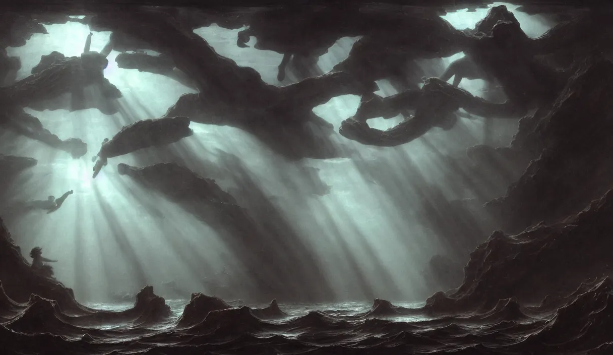 Prompt: low ultrawide shot, dark, underwater men statues, submerged pre - incan temple with carvings, abyss, stylized, anime style mixed with fujifilm, detailed gouache paintings, crepuscular rays, dark, murky, foggy, atmospheric, nicola samori, albert bierstadt, frederic edwin church, beksinski, wayne barlowe's inferno