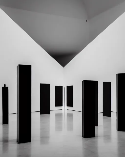 Prompt: a bw photo of a big minimalist art gallery with a monumental wax sculpture of a delicate young female cyborg with a luminous brain. shadowed people standing in the art gallery look at the monumental sculpture. rim light, cinematic, studio dramatic light, poetic, octane render, 8 k, photo - realistic