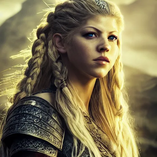 Image similar to portrait art of katheryn winnick, lagertha, vikings, 8 k ultra realistic, lens flare, atmosphere, glow, detailed, intricate, full of colour, cinematic lighting, trending on artstation, 4 k, hyperrealistic, focused, extreme details, unreal engine 5, cinematic, masterpiece