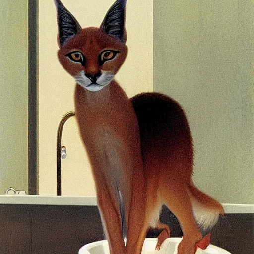 Prompt: cute caracal in bathtub, by Ralph McQuarrie