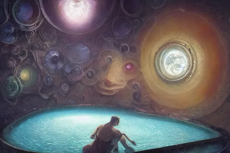 Image similar to Esao Andrews, scifi nightscape, planets, hyperrealistic surrealism, award winning masterpiece with incredible details, epic stunning, physically accurate, moody dynamic lighting, very very intricate, very very elegant, highly detailed, infinity concentric pool, a surreal vaporwave liminal space,very clear view, no grain, highly detailed, trending on ArtStation, artgerm and greg rutkowski and alphonse mucha, daily deviation, IAMAG, in the gross sewer, luminous rocks are like swords, calming, meditative