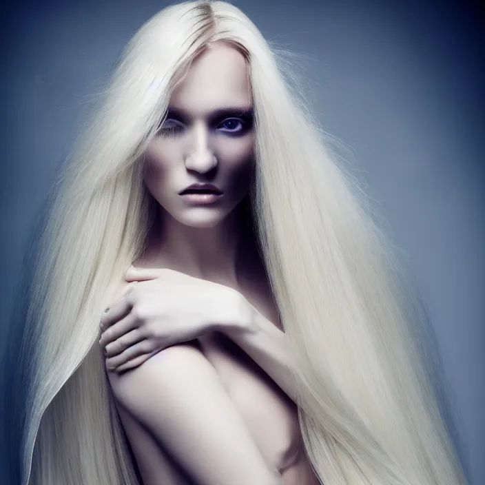 Image similar to a beautiful woman with long blond hair, total body dressed in long white, fine art photography light painting by Paolo Roversi, professional studio lighting, volumetric lighting, dark colors scheme background, hyper realistic kodak photography, in style of vogue fashion magazine