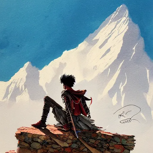 Image similar to painting of a lonesome warrior at the peak of himalayas, style of conrad roset and kentaro miura