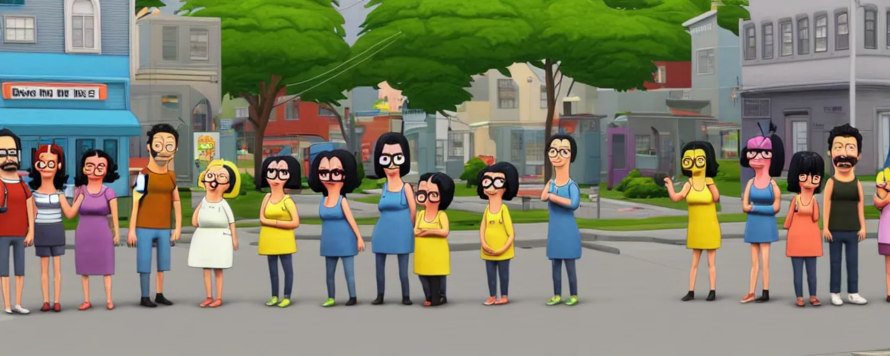 Image similar to cast of bob's burgers in the computer game the sims, tilt shift, volumetric lighting, computer graphics