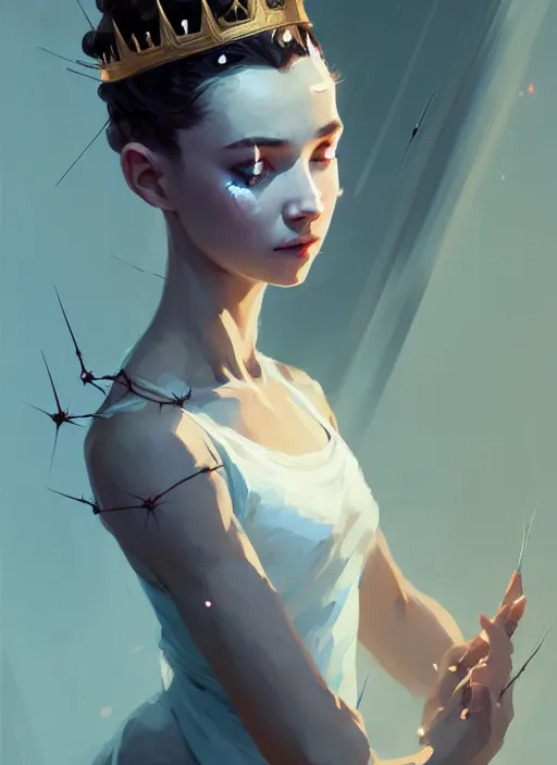 Prompt: portrait of cute ballerina girl with crown of thorns and white short hairs, warhammer, cyberpunk, by atey ghailan, by greg rutkowski, by greg tocchini, by james gilleard, by joe gb fenton, by kaethe butcher, dynamic lighting, gradient light blue, brown, blonde cream and white color in scheme, grunge aesthetic