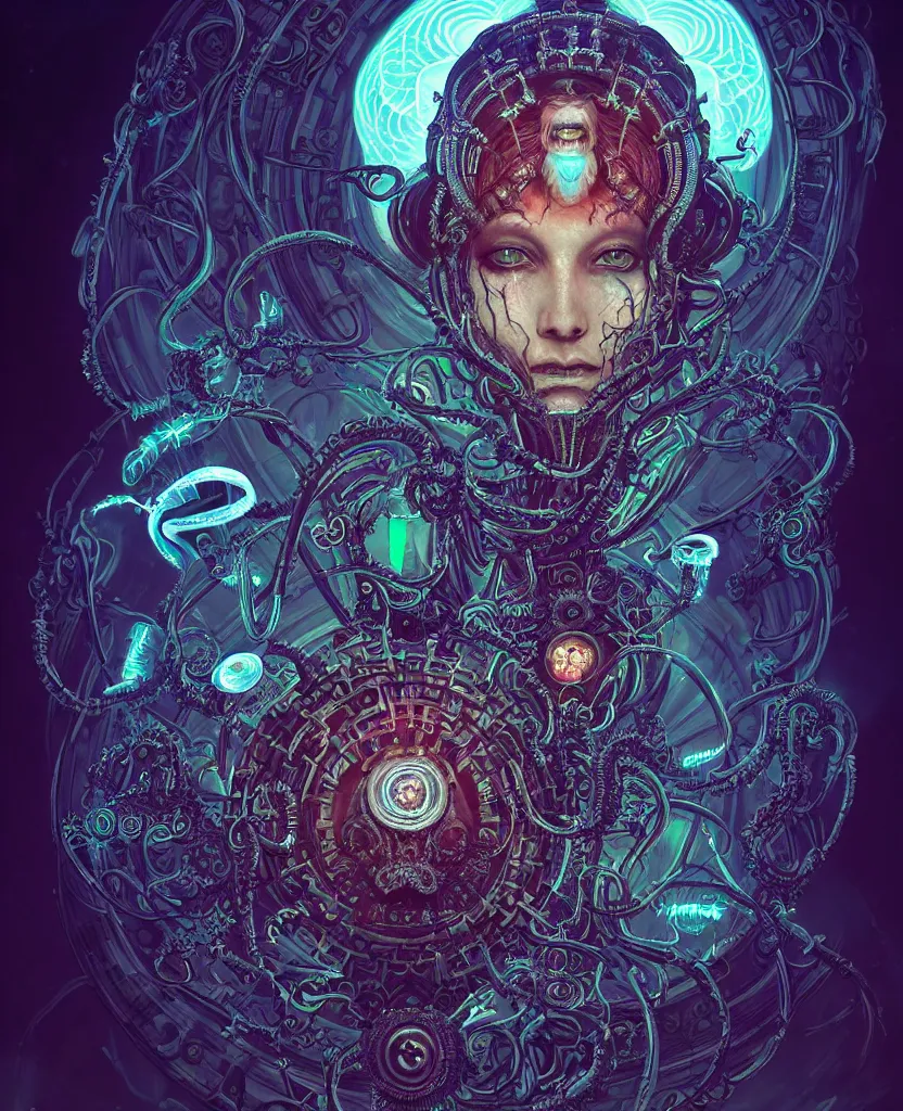 Prompt: queen of death. intricate portrait, occult cyberpunk, ancient futuristic, dark art, occult. intricate biomechanical, bioluminescent halo around head, mandala ornament, cybernetic glowing jellyfish, tentacles, by Petros Afshar, by artgerm, by Eddie Mendoza, by Peter mohrbacher by tooth wu, unreal engine, octane render, cinematic light, high details, iridescent colors, macro