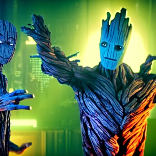 Image similar to groot and optimus prime dancing at techno party among people, wide shoot, after effect, ultra realistic