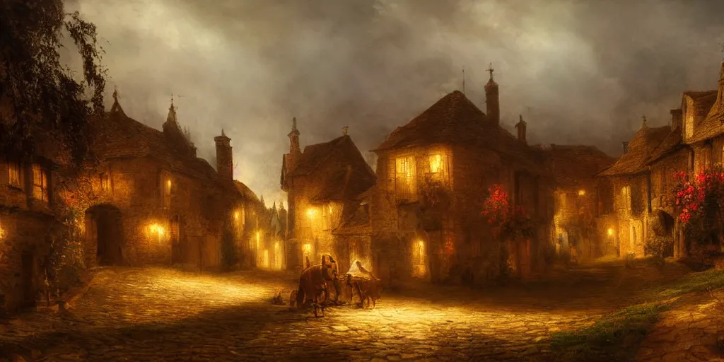 Image similar to Highly detailed and cinematic Romantic period oil painting of a medieval village, fog, volumetric lighting, an oil painting ((masterpiece)) by ((Josep Tapiró Baró)), dynamic lighting, 8K