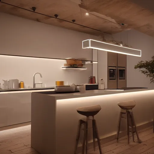 Image similar to kitchen with led strip lighting, realistic, wide shot, octane render, house and home, home and garden, hyper realistic, high quality, highly detailed, hd, beautiful, cinematic, 8 k, unreal engine,