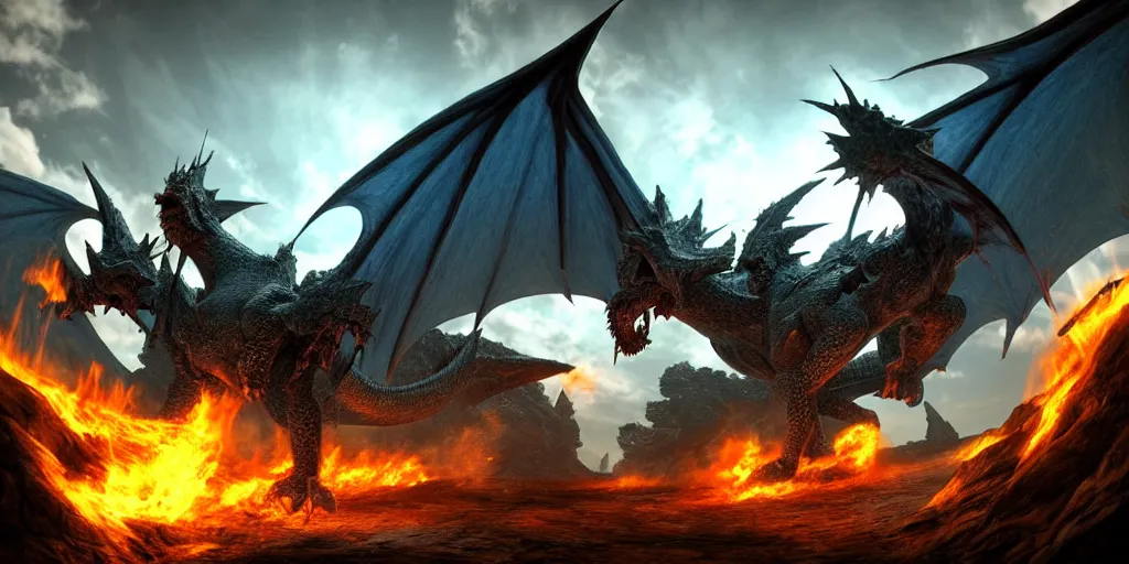 Image similar to 3 d model dragon in the style of monster hunter, breathing fire on a knight with a lance and shield in the style of final fantasy, realistic, fisheye lense, blue and orangelighting, rim lighting, cinematic feel, in a forest, unreal engine 4, game art, trending on art station