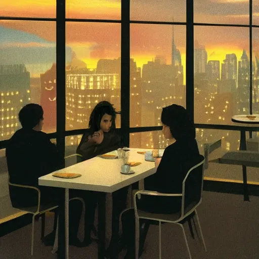 Image similar to cgi jade by michael sowa, by kazuki takamatsu. the art installation shows four people sitting in a diner late at night. the people in the art installation look tired & lonely. the art installation is set in new york city & shows the city's skyline in the background.