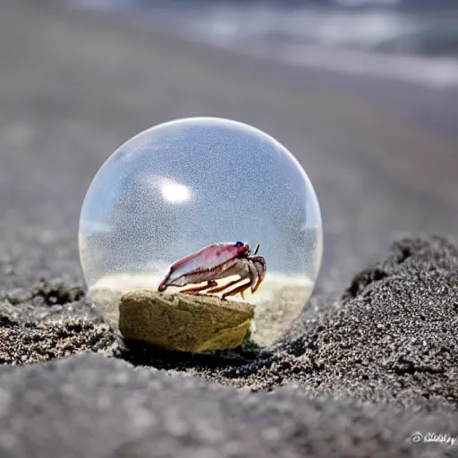 Image similar to a transparent sphere on a beach with a crab looking at it