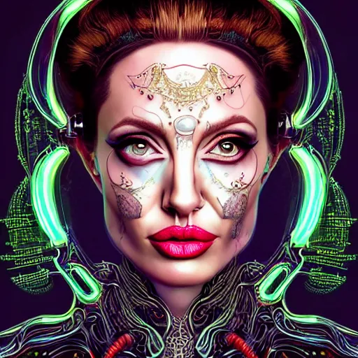 Prompt: the portrait of an absurdly elegant, sophisticated, fashionable ottomanpunk robotess idol, an ultrafine hyperdetailed illustration of angelina jolie by kim jisu, intricate linework, neon wiring, electronics, porcelain skin, unreal engine 5 highly rendered, global illumination, radiant light, detailed and intricate environment, by rutkowski, artgerm, marvel comics