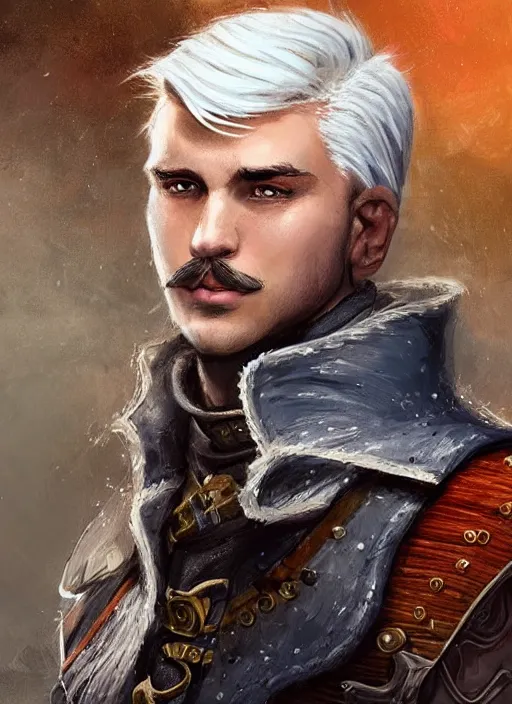 Prompt: young man with short white fringe white hair and moustache, tristan fulcher, livedoce, dndbeyond, bright, colourful, realistic, dnd character portrait, full body, pathfinder, pinterest, art by ralph horsley, dnd, rpg, lotr game design fanart by concept art, behance hd, artstation, deviantart, hdr render in unreal engine 5