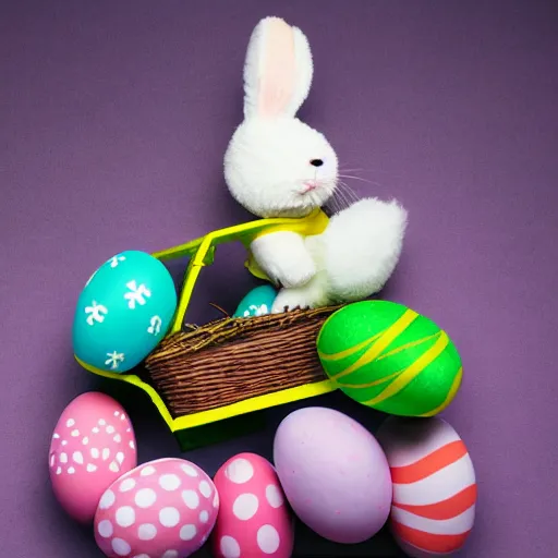 Image similar to easter bunny riding a convertible, studio photo, high quality