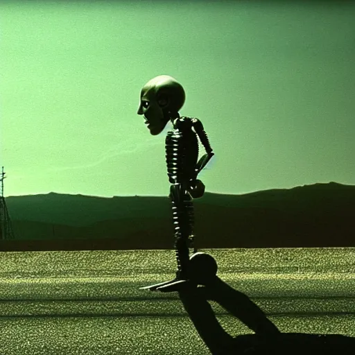 Image similar to movie scene of a man with a robot head, movie still, cinematic composition, cinematic light, Movie by David Lynch, Movie by Issac Asimov