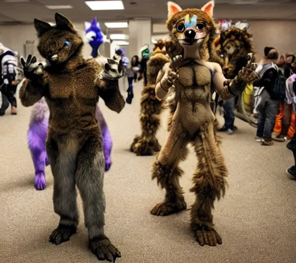 Image similar to high - resolution photograph from a biopunk era furry fandom convention ( midwest furfest 2 0 4 7 ), taking place after the genetic revolution and quantum singularity. photorealistic.