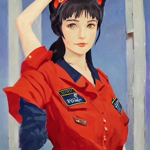 Prompt: oil paining of twentytwo year old female character with cat ears wearing soviet era uniform, wearing a tshirt with a face of karl marx on it, in the style of krenz cushart