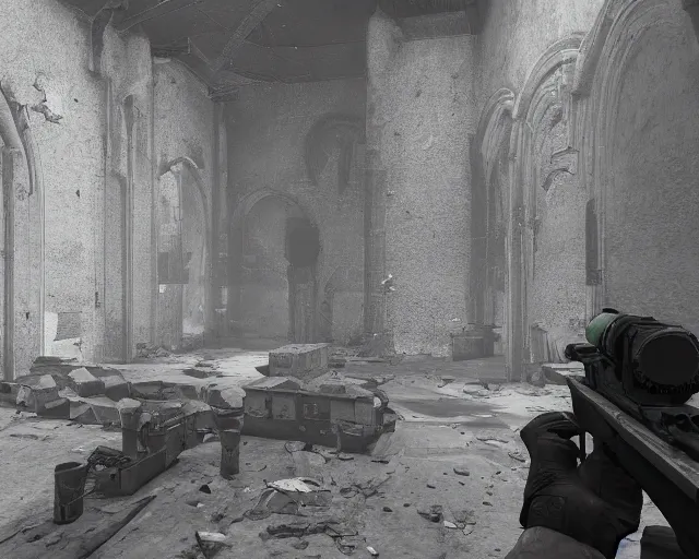 Image similar to CS:GO screenshot of a group of soldiers in an abandoned church, high exposure, dark, monochrome, camera, grainy, timestamp, zoomed in, game HUD, source engine footage, CS:GO screenshot, steam community, featured on IGN