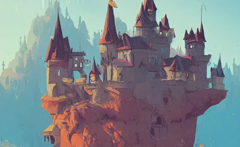 Prompt: old tiny magical castle school on a hill, students flying on brooms, james gilleard, moebius, print, game art