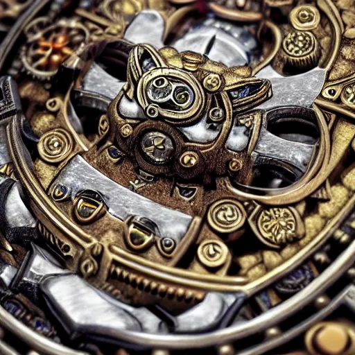 Image similar to A steampunk pikachu made from ornate engraved full plate armor and gears and jewels, macro shot by Justin Gerard, extremely detailed and intricate,unreal engine, physically based rendering