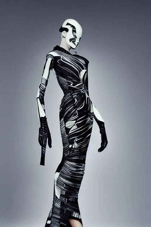 Prompt: futuristic haute couture dress styled by iris van herpin, yoji shinkawa, sharp detailed lines