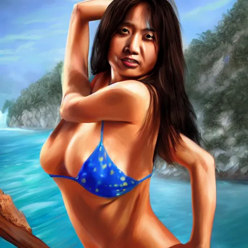 Image similar to wimp lo from kung pow in bikini, realism, digital painting, ultra detailed, artstation