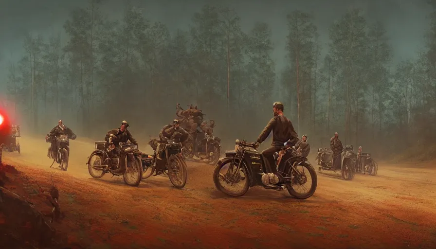 Prompt: british officer driving a motorcycle in 1921 in kerala forest road, tribe members attacking, furious action scene, chase, an epic fantasy, dramatic lighting, cinematic, establishing shot, extremely high detail, photorealistic, cinematic lighting, artstation, by simon stalenhag, horizon forbidden west