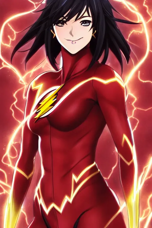 Image similar to anime key visual of a beautiful female the flash!! intricate, red, black, gold suit, powers, speed, lightning hate, dc comics, cinematic, stunning, highly detailed, digital painting, artstation, smooth, hard focus, illustration, art by artgerm and greg rutkowski and alphonse mucha