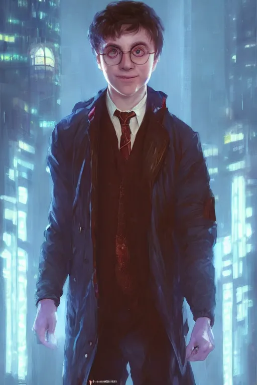 Image similar to portrait of Ron Wisly from harry potter in cyberpunk, neon lighting, night city, digital art from artstation by Ruan Jia and Mandy Jurgens and Artgerm and william-adolphe bouguereau and Greg Rutkowski and Wayne Barlowe