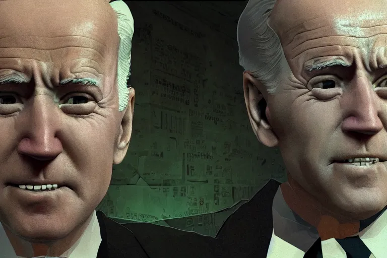 Prompt: creepy joe biden portrait stuck in the matrix, glitchy, buggy, playstation 1 graphics, low poly 3 d render, creepypasta, volumetric lighting, messy, vhs footage, scary, award - winning, detailed, weird, close - up, featured on artstation, ray tracing, 4 k hd, high quality