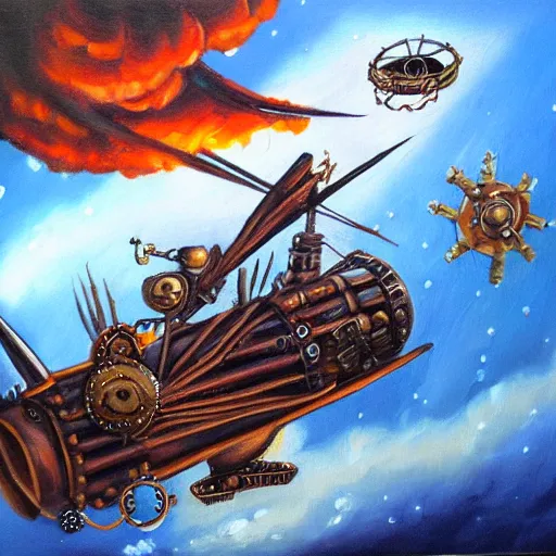 Prompt: A steampunk pirate attacks a spaceship. Oil painting