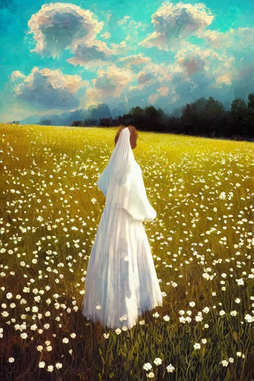 Image similar to large white daisy flower face, girl with veil walking in a flower field, surreal photography, sunrise, dramatic light, impressionist painting, colorful clouds, digital painting, artstation, simon stalenhag