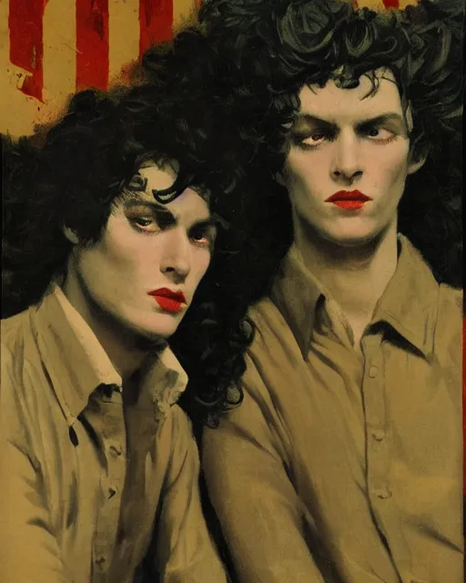 Image similar to two beautiful but sinister young men wearing oxford shirts in layers of fear, with haunted eyes and wild hair, 1 9 7 0 s, seventies, wallpaper, a lot of blood, moonlight showing injuries, delicate embellishments, painterly, offset printing technique, by brom, robert henri, walter popp