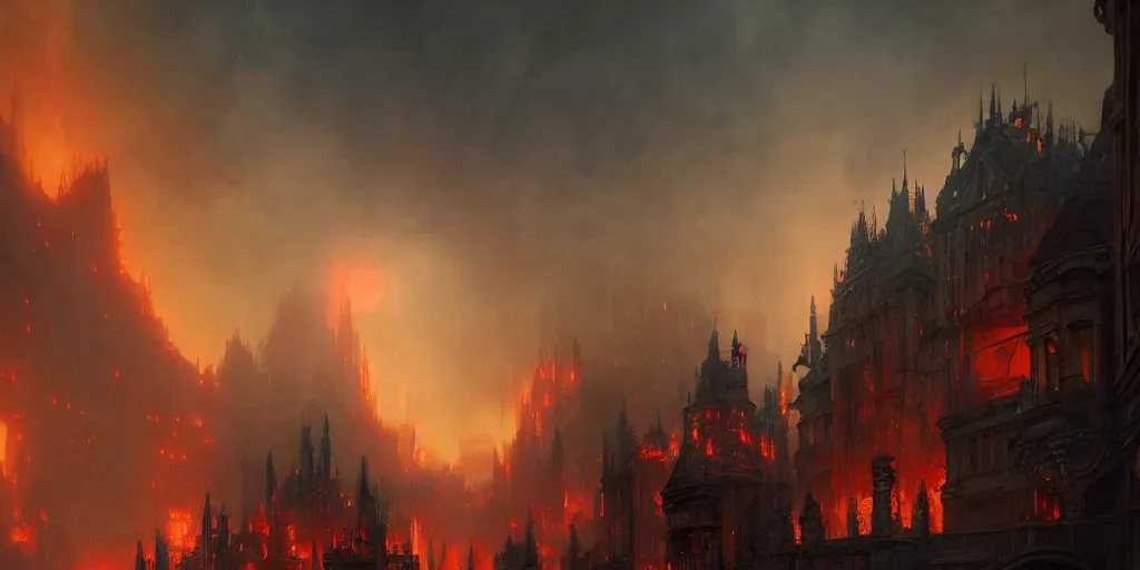 Prompt: A fantasy city completely covered in fire, rising smoke, dark fantasy, nighttime, detailed crimson moon, hyper realistic, by greg rutkowski, trending on artstation