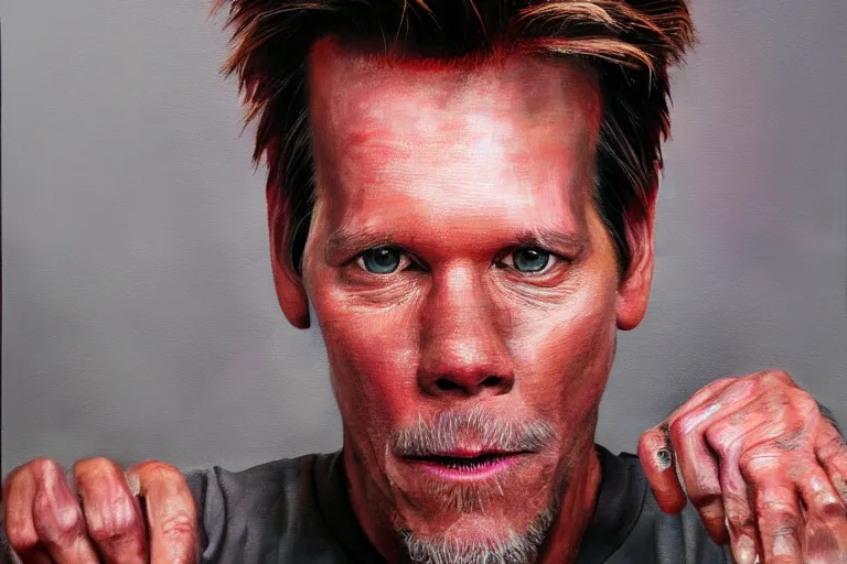 Image similar to an ultra realistic painting of kevin bacon, bacon wrapped around his face, 8 k, cinematic, movie still