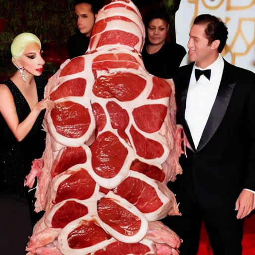 Prompt: lady gaga wearing a tuxedo made of meat, 8 k photograph, professional