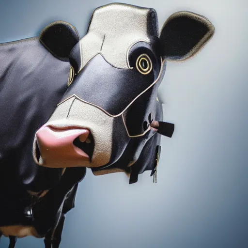 Prompt: a highly detailed ultra realistic photograph of a cow dressed in a fighter jet jumpsuit and mask