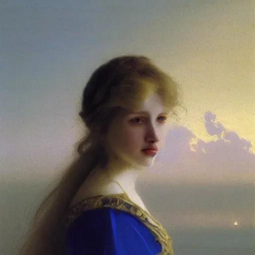 Image similar to young woman's face, her hair is white and she wears a cobalt blue satin cloak, by ivan aivazovsky and syd mead and moebius and gaston bussiere and roger dean and wojciech siudmak and pieter claesz and paul delaroche and alma tadema and aelbert cuyp, hyperrealistic, volumetric light, octane render