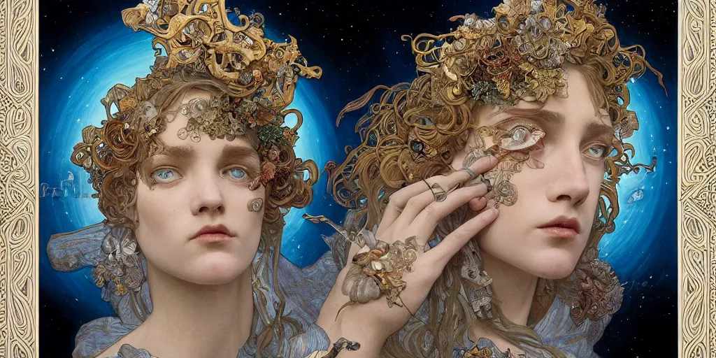 Image similar to portrait made with porcelain by Jeff Easley and Peter Elson + beautiful eyes, beautiful face + symmetry face + border and embellishments inspiried by alphonse mucha, fractals in the background, galaxy + baroque, gothic, surreal + highly detailed, intricate complexity, epic composition, magical atmosphere + masterpiece, award winning + trending on artstation