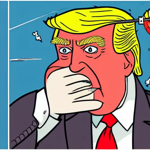 Image similar to close - up portrait of donald trump eating nuclear missiles, by chris ware