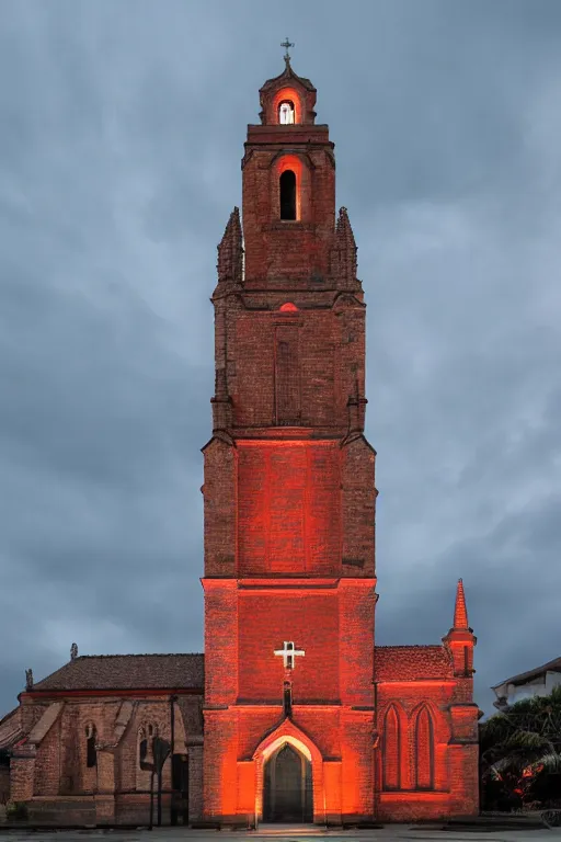 Image similar to buliding design by ricardo bofil, function is church ， red ， dusk seaside ， photography ， 8 k