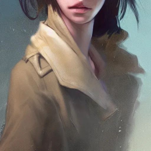 Image similar to upper body portrait of a girl from final fantasy live action, with short black hair and green eyes in a tan trenchcoat, award winning, masterpiece digital painting by greg rutkowski, alex grey, artstation, 4 k wallpaper,