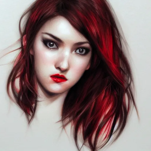 Image similar to a realistic illustration portrait of a beautiful cute girl with wavy black red hair, a pointy nose and, round chin black eyeliner, trending on artstation, hyper - realistic lighting